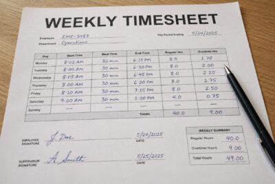 Completed weekly timesheet showing 40 regular hours and additional overtime hours worked by an employee.